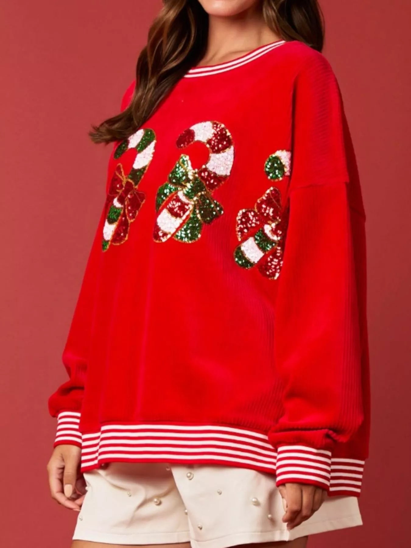 Christmas Sequin Candy Cane and Santa Sweatshirt with Striped Hem OutfitFlow