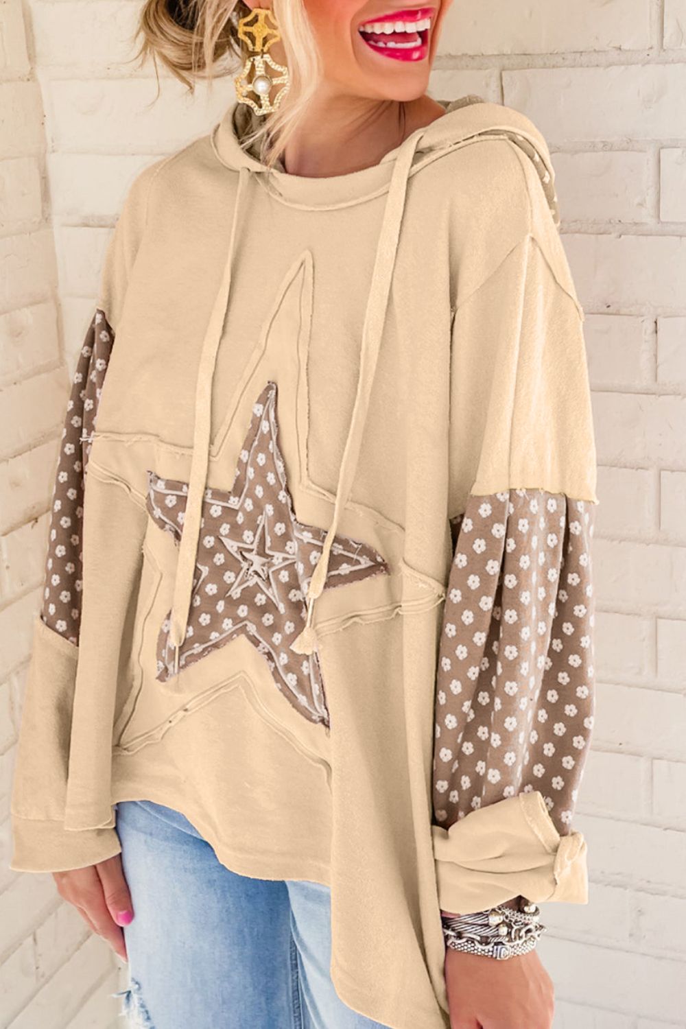 Outfit Flow - Floral Patchwork Star Pattern Drawstring Hoodie