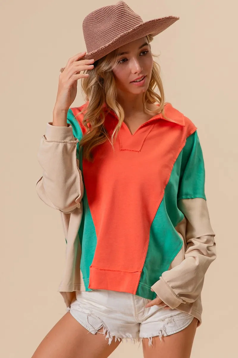BiBi Colorblock Exposed Seam French Terry Sweatshirt OutfitFlow