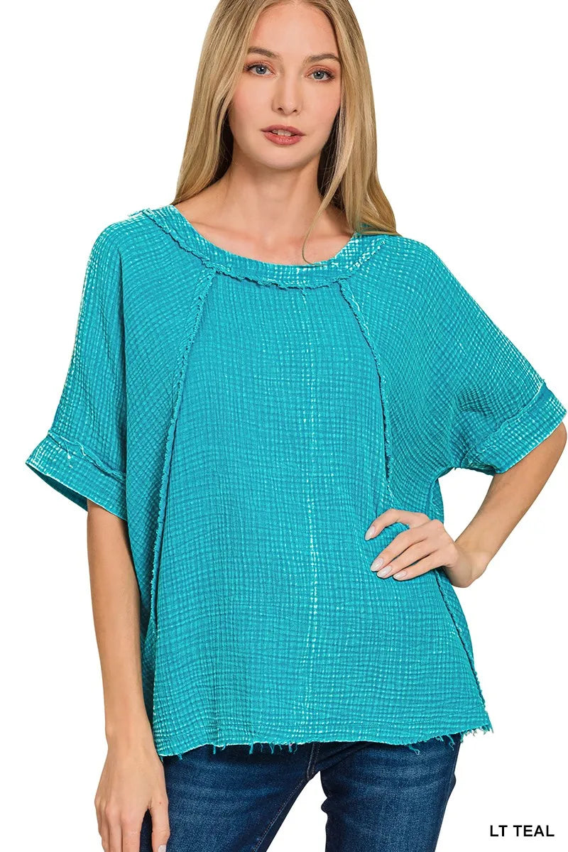Zenana Washed Double Gauze Exposed Seam Short Sleeve Top LT TEAL Trendsi