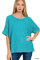 Zenana Washed Double Gauze Exposed Seam Short Sleeve Top LT TEAL Trendsi