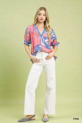 Umgee Floral V-Neck Puff Sleeve Blouse OutfitFlow