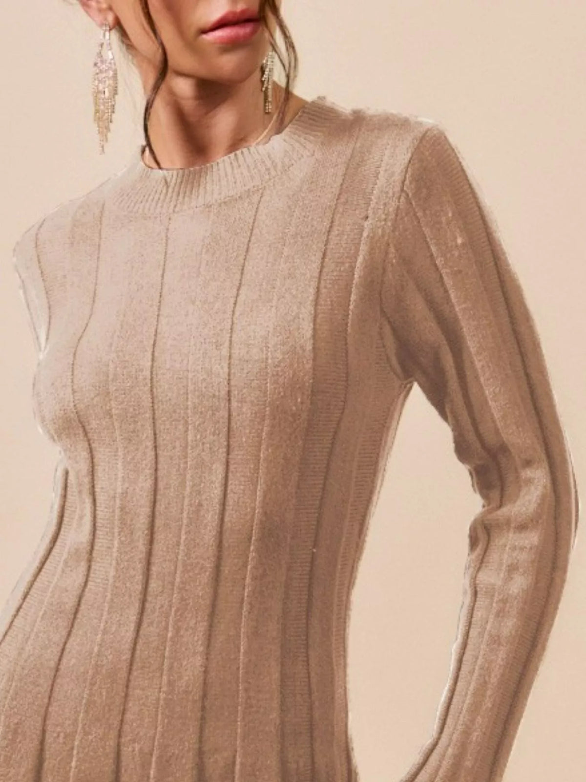 SO ME Ribbed Long Sleeve Mini Sweater Dress LATTE Trendsi
