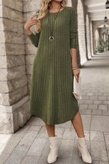 Outfit Flow - Ribbed Curved Hem Round Neck Long Sleeve Dress