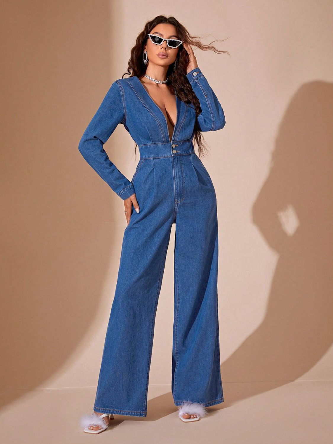 Plunge Long Sleeve Wide Leg Denim Jumpsuit