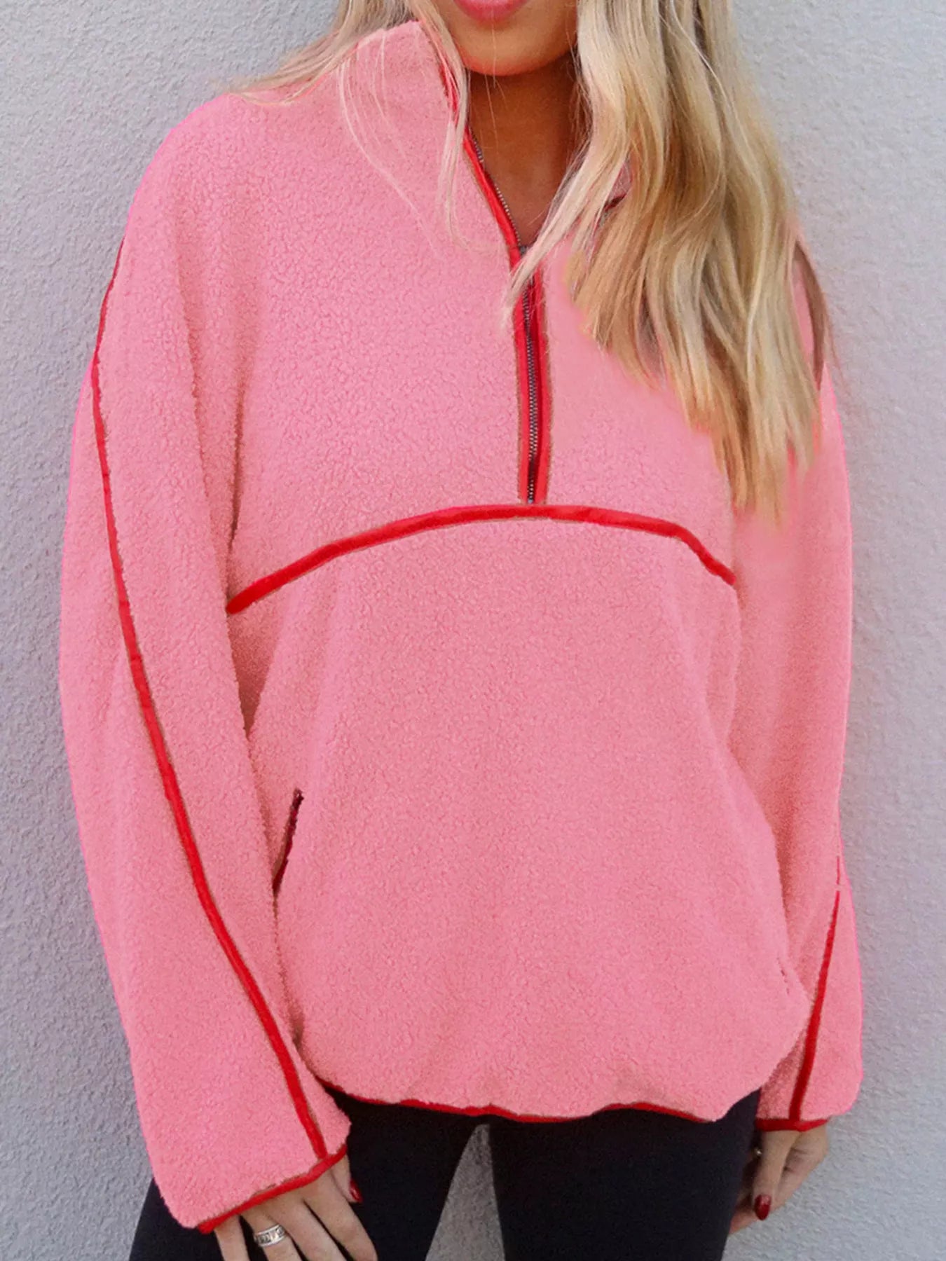 Sherpa Contrast Faux Leather Trim Half Zip Sweatshirt OutfitFlow