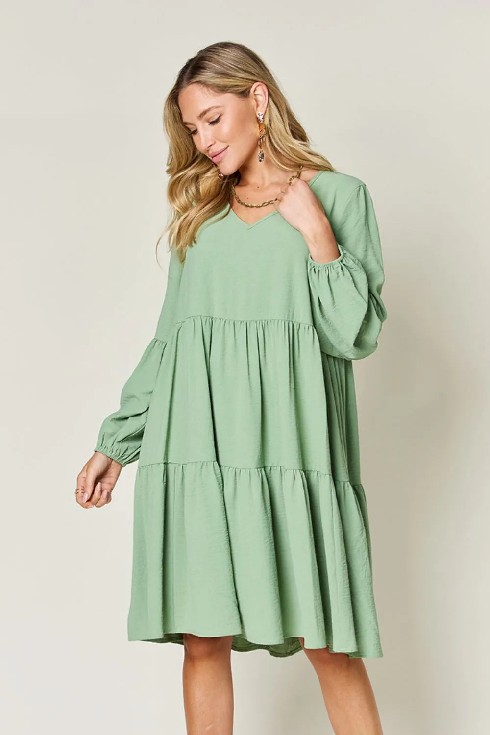 Double Take Full Size V-Neck Balloon Sleeve Tiered Dress with Pockets Light Green OutfitFlow