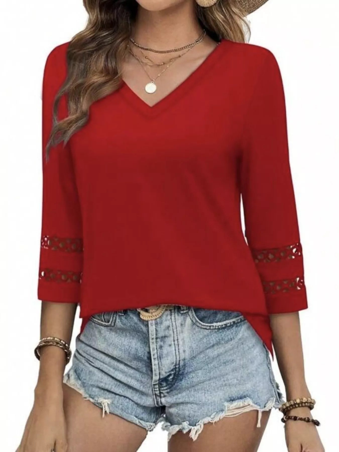 Full Size V-Neck 3/4 Sleeve T-Shirt Plus Size OutfitFlow