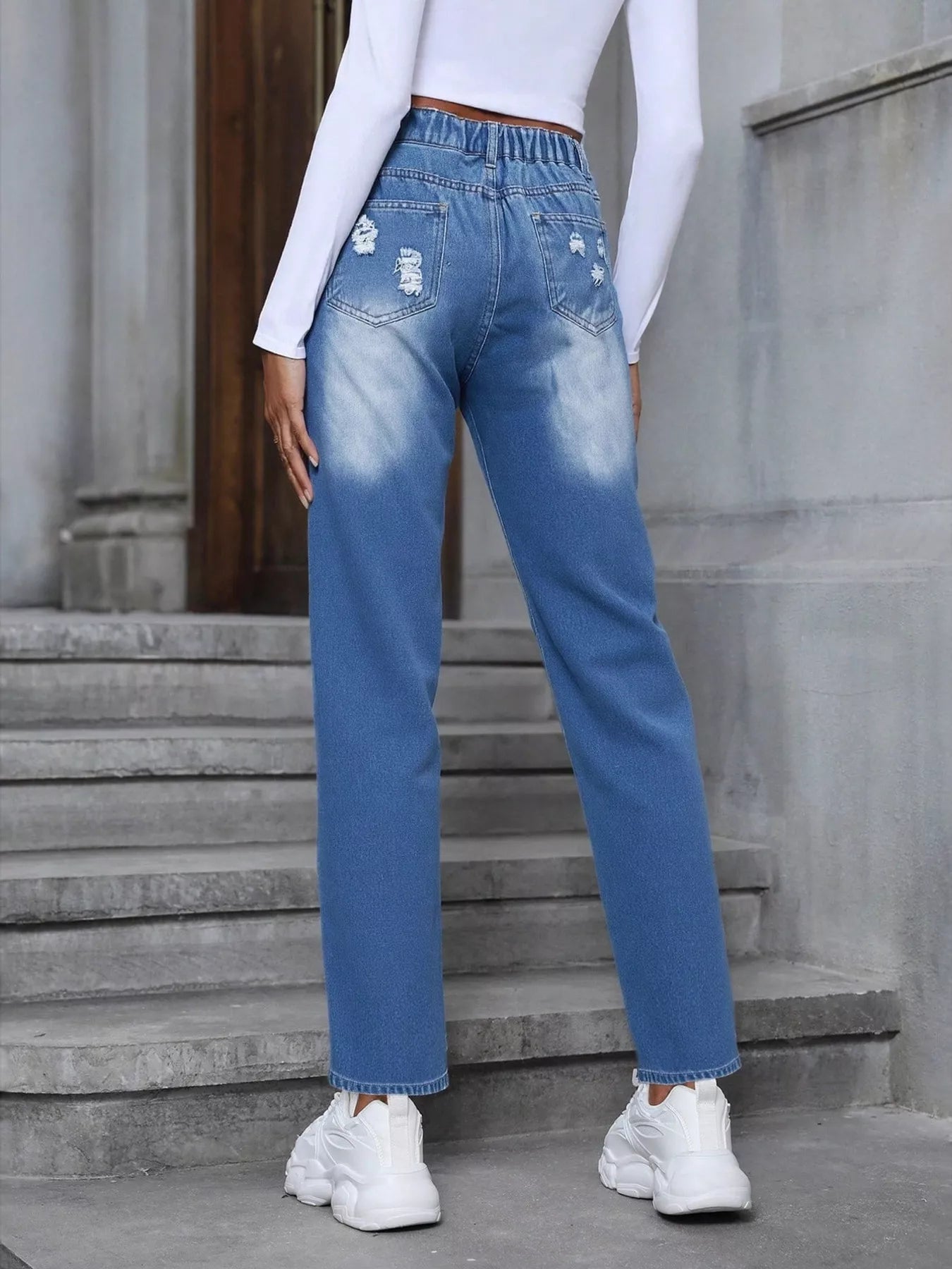 Floral Embroidered High Waist Distressed Jeans OutfitFlow