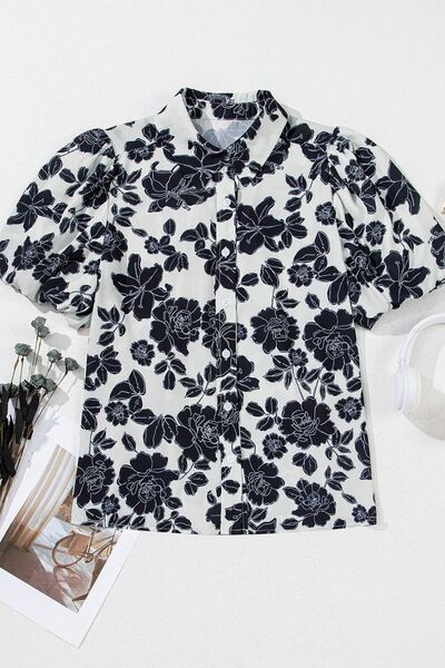 Floral Button Down Puff Sleeve Shirt OutfitFlow