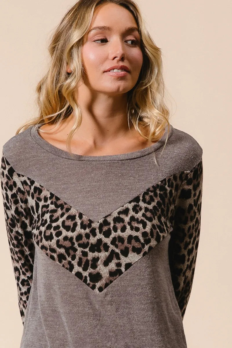 BiBi Sweater Knit Top With Leopard V Shape Block Trendsi