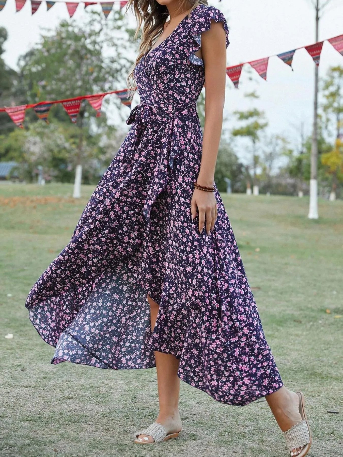 Printed Surplice Ruffle Sleeve Dress OutfitFlow