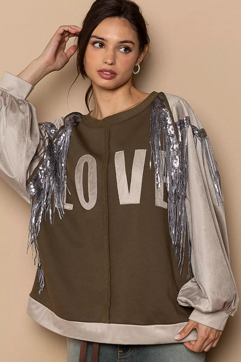 POL Balloon Sleeve French Terry Sweatshirt with Sequin Tassel OutfitFlow