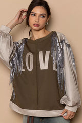 POL Balloon Sleeve French Terry Sweatshirt with Sequin Tassel OutfitFlow
