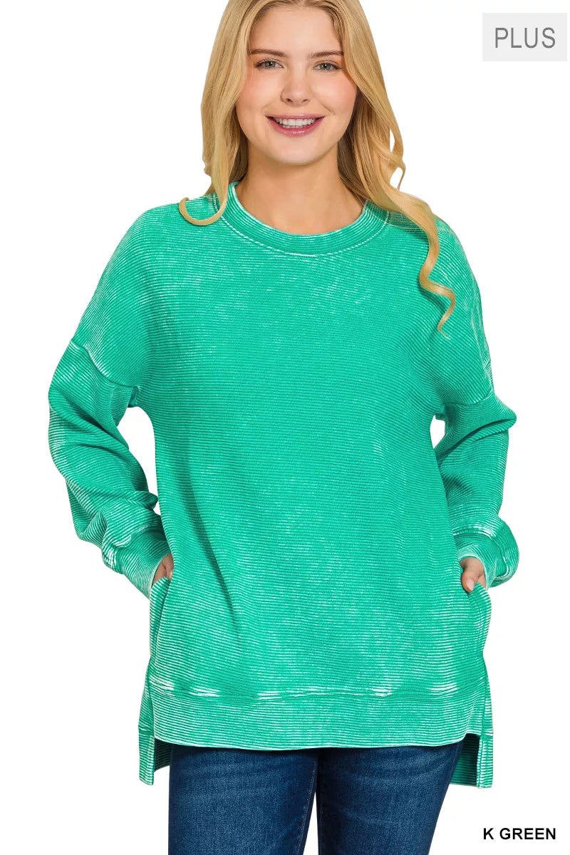 Zenana Full Size Acid Washed Double Ribbed Hi-low Sweatshirt Plus Size OutfitFlow