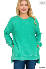 Zenana Full Size Acid Washed Double Ribbed Hi-low Sweatshirt Plus Size OutfitFlow
