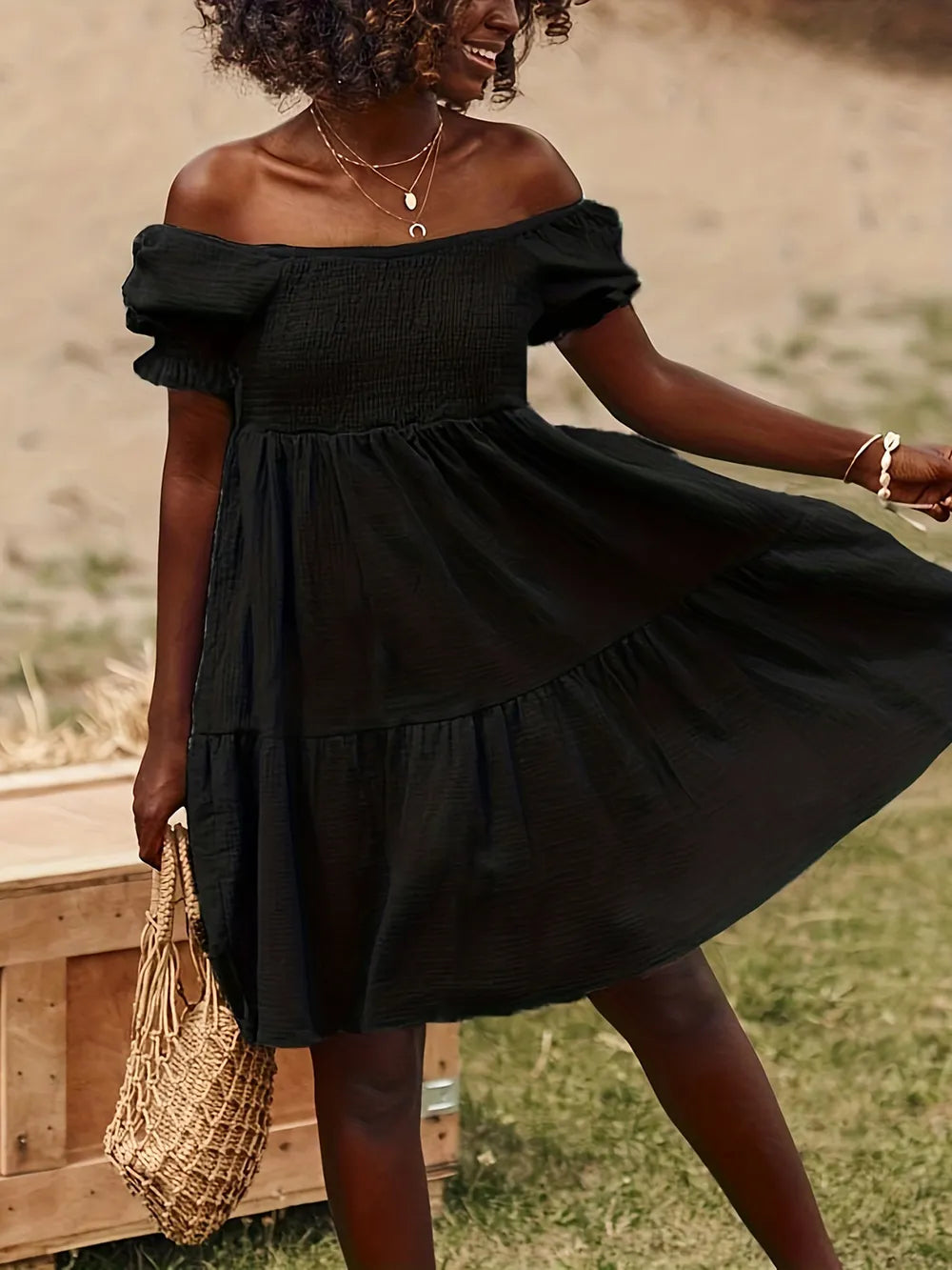 Full Size Ruffled Off-Shoulder Short Sleeve Dress OutfitFlow