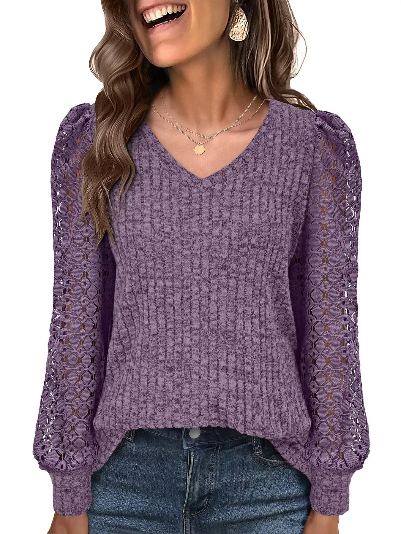 Lace Sleeve V-Neck T-Shirt OutfitFlow