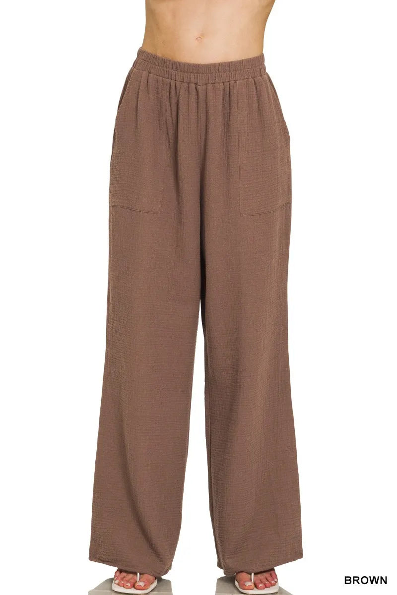 Zenana Double Gauze Elastic Band Pants BROWN Trendsi