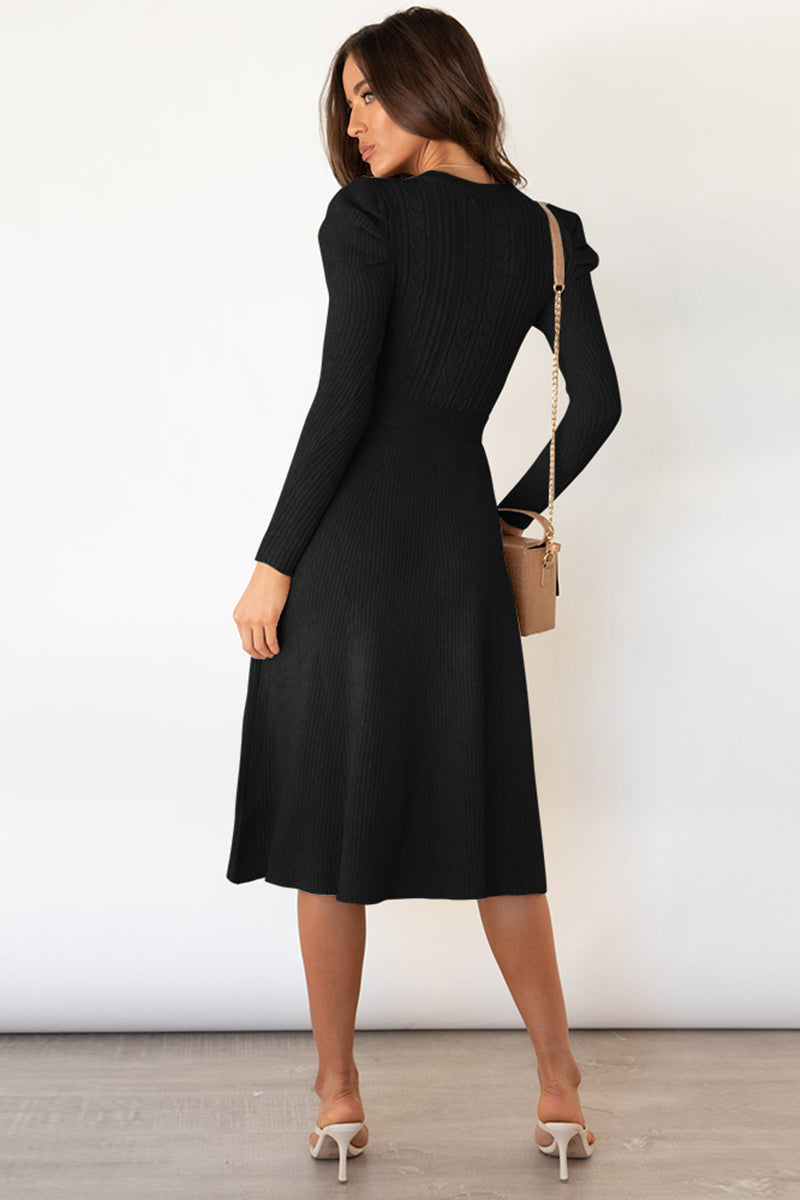 Outfit Flow - Round Neck Long Sleeve Tie Waist Sweater Dress