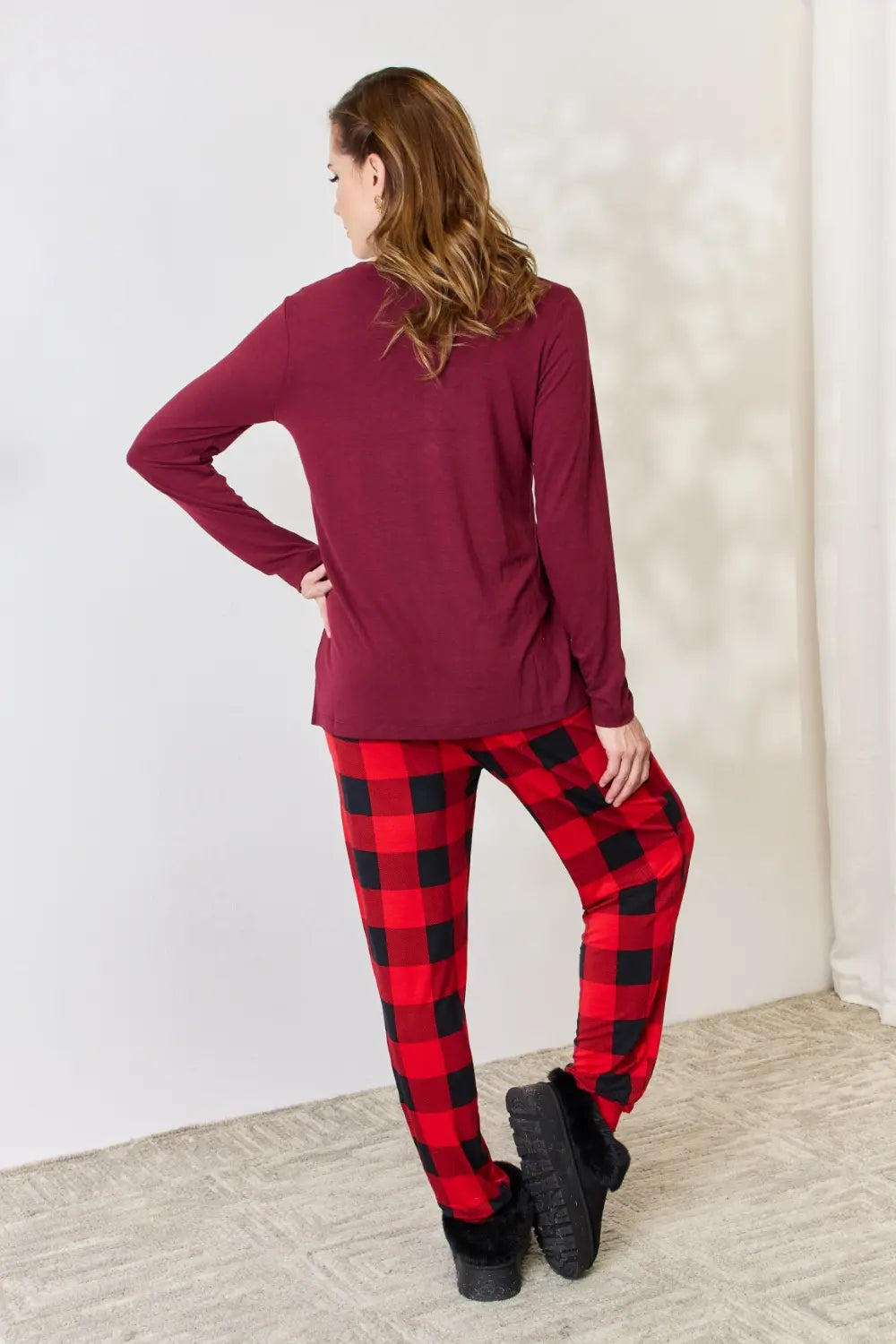 Zenana Full Size Plaid Round Neck Top and Pants Pajama Set OutfitFlow