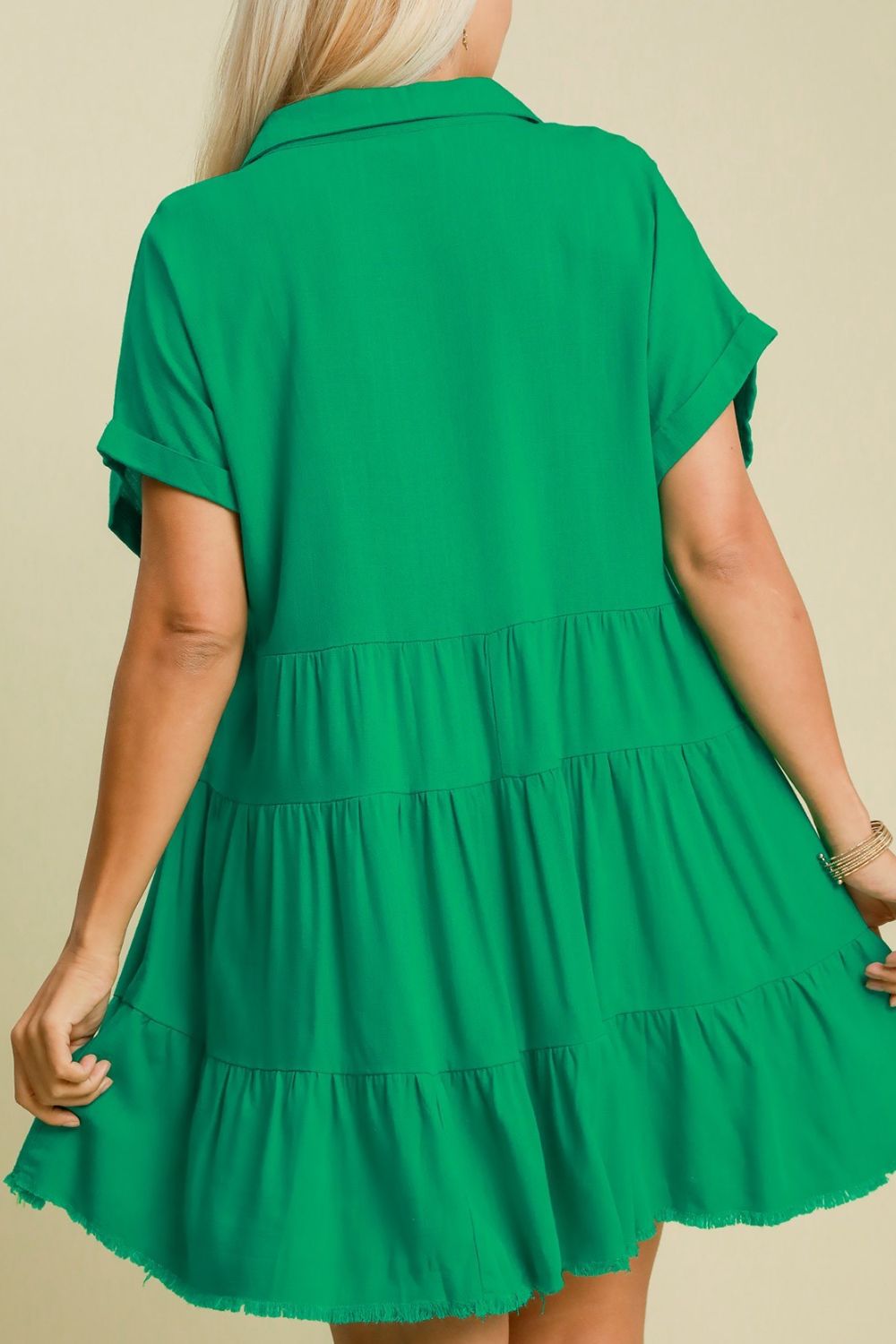 Umgee Full Size Raw Hem Folded Sleeve Tiered Dress Plus Size OutfitFlow