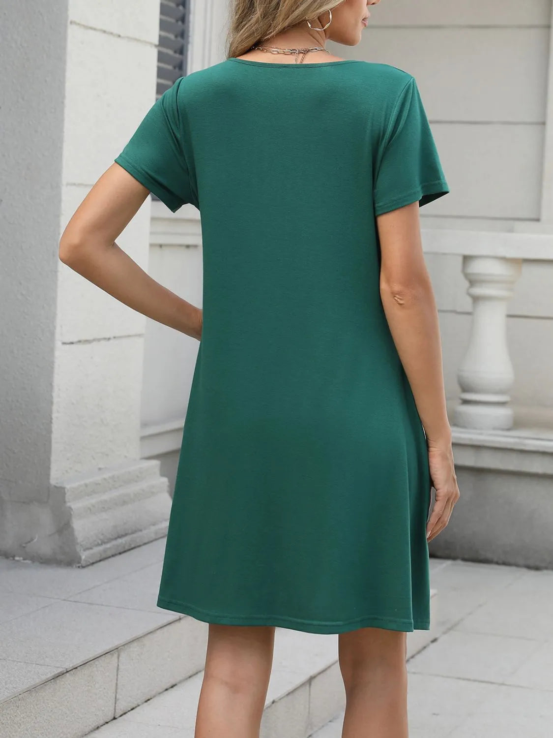 Pleated Front Round Neck Swing Dress OutfitFlow
