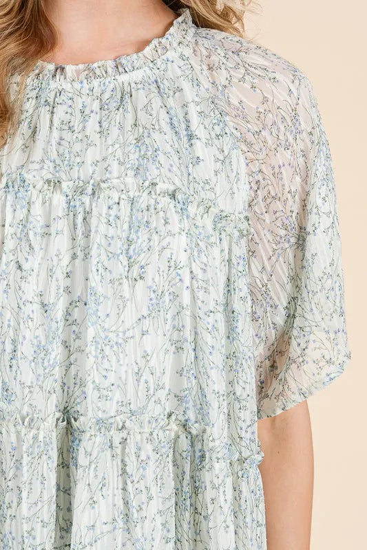 Lime 'N' Chili Ditsy Floral Print Sheer Ruffle Detail Mini Dress OutfitFlow