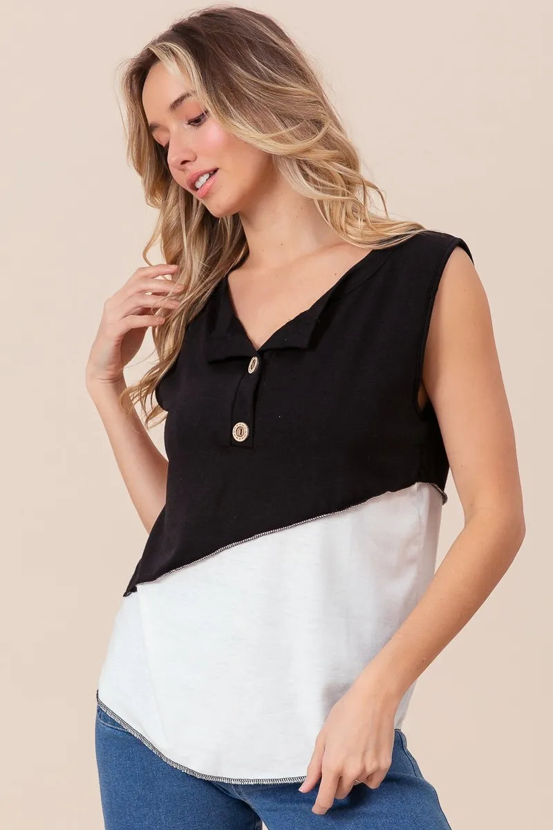 BiBi Color Block Contrast Stitching Buttoned Henley Top OutfitFlow