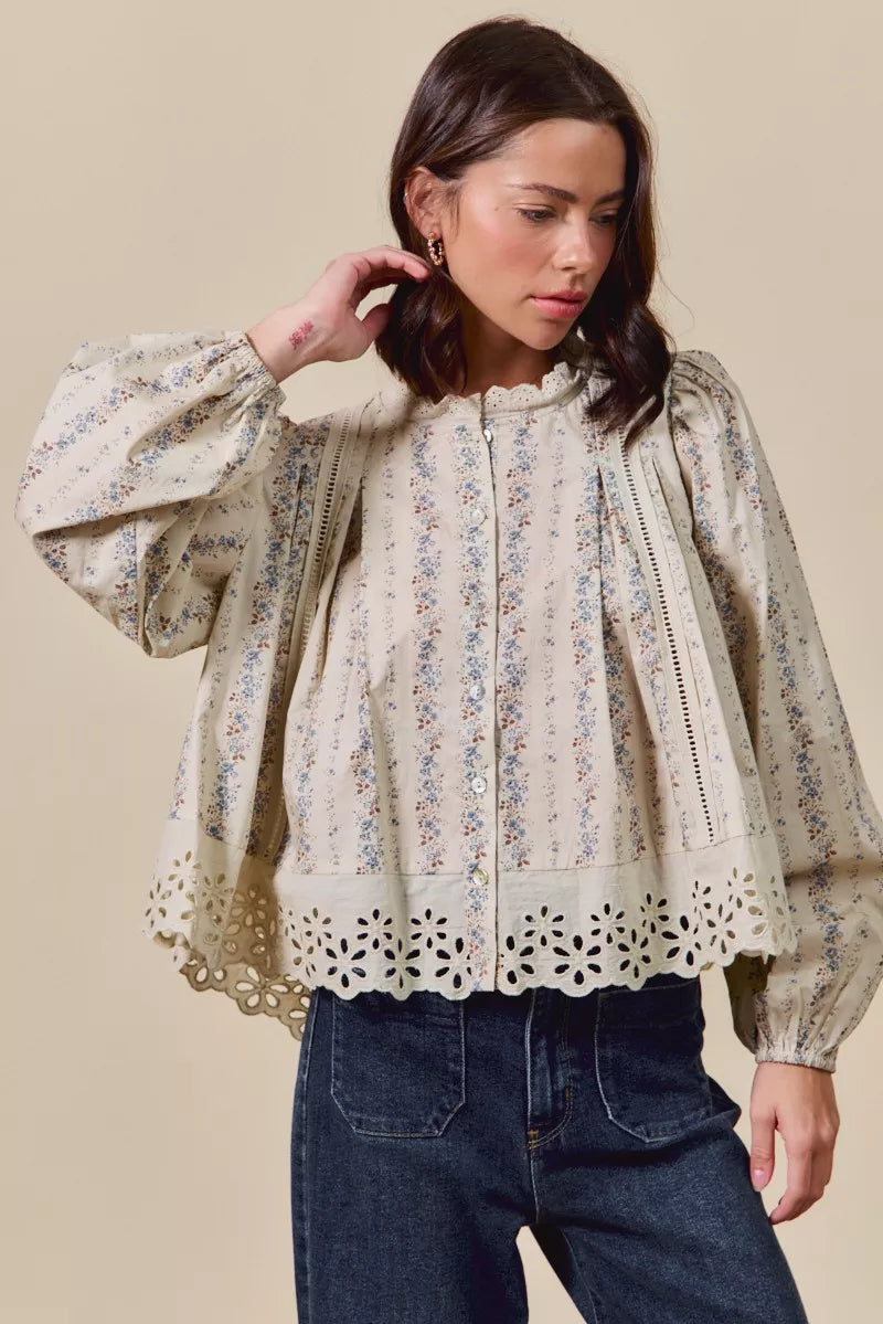 SO ME Floral Print Lace Button Down Shirt OutfitFlow