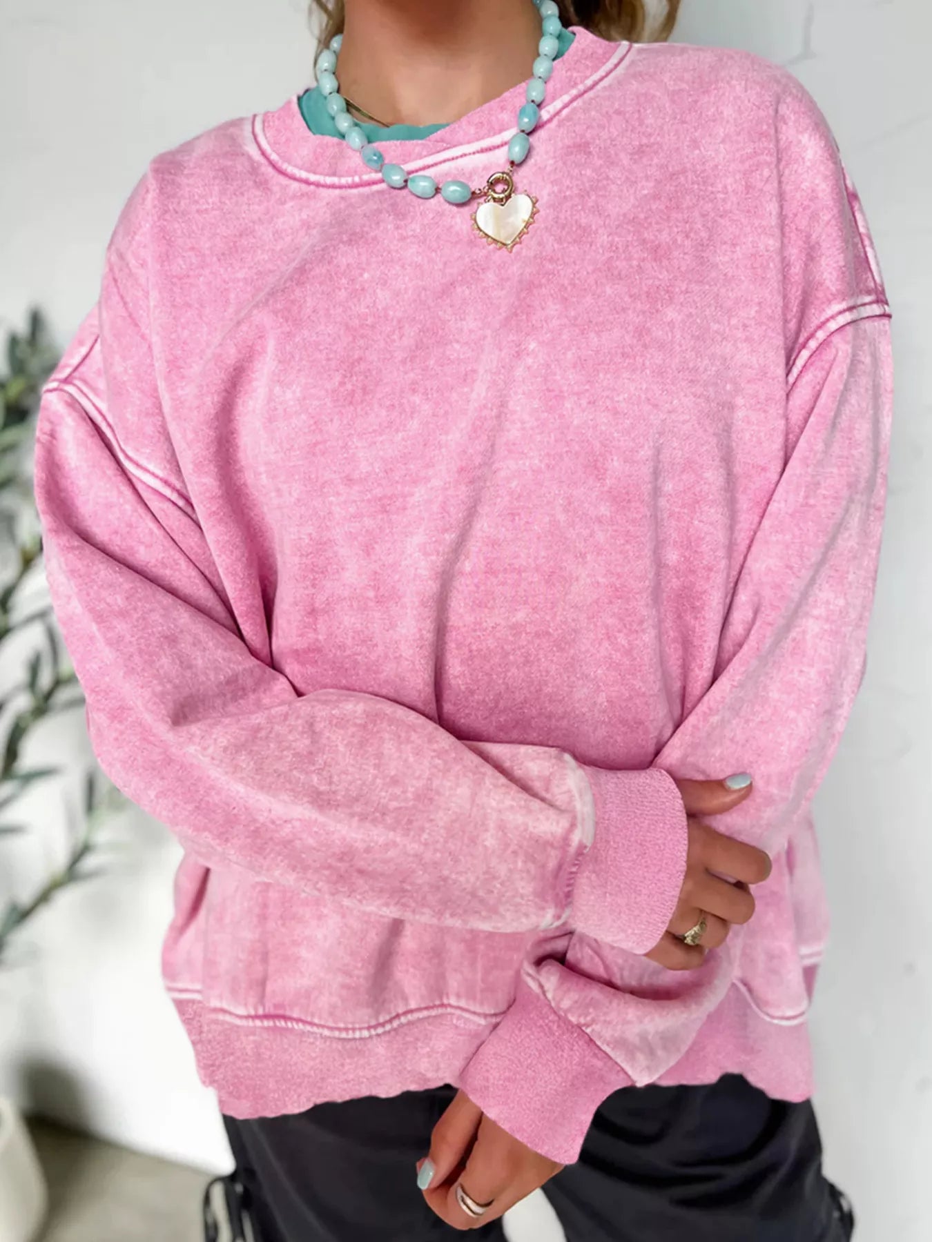 Mineral Wash Crossed Crew Neck Drop Shoulder Loose Sweatshirt Pink OutfitFlow