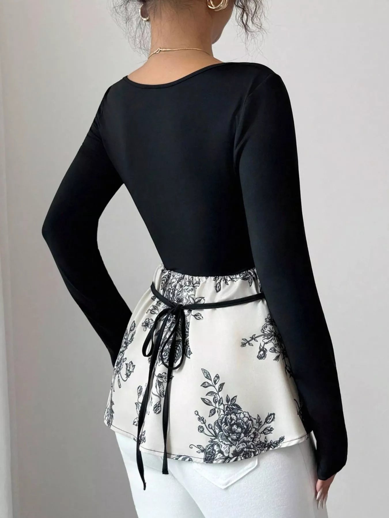 Floral Print Peplum Hem Long Sleeve Top OutfitFlow