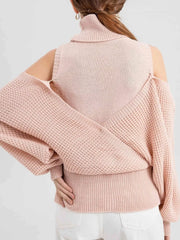 Waffle Knit Cold Shoulder Turtleneck Sweater OutfitFlow