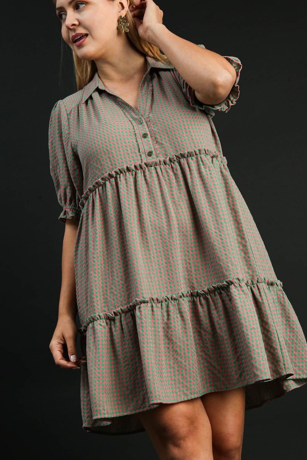 Umgee Full Size Plaid Frill Button Detail Ruffled Short Sleeve Dress Plus Size OutfitFlow
