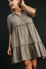 Umgee Full Size Plaid Frill Button Detail Ruffled Short Sleeve Dress Plus Size OutfitFlow