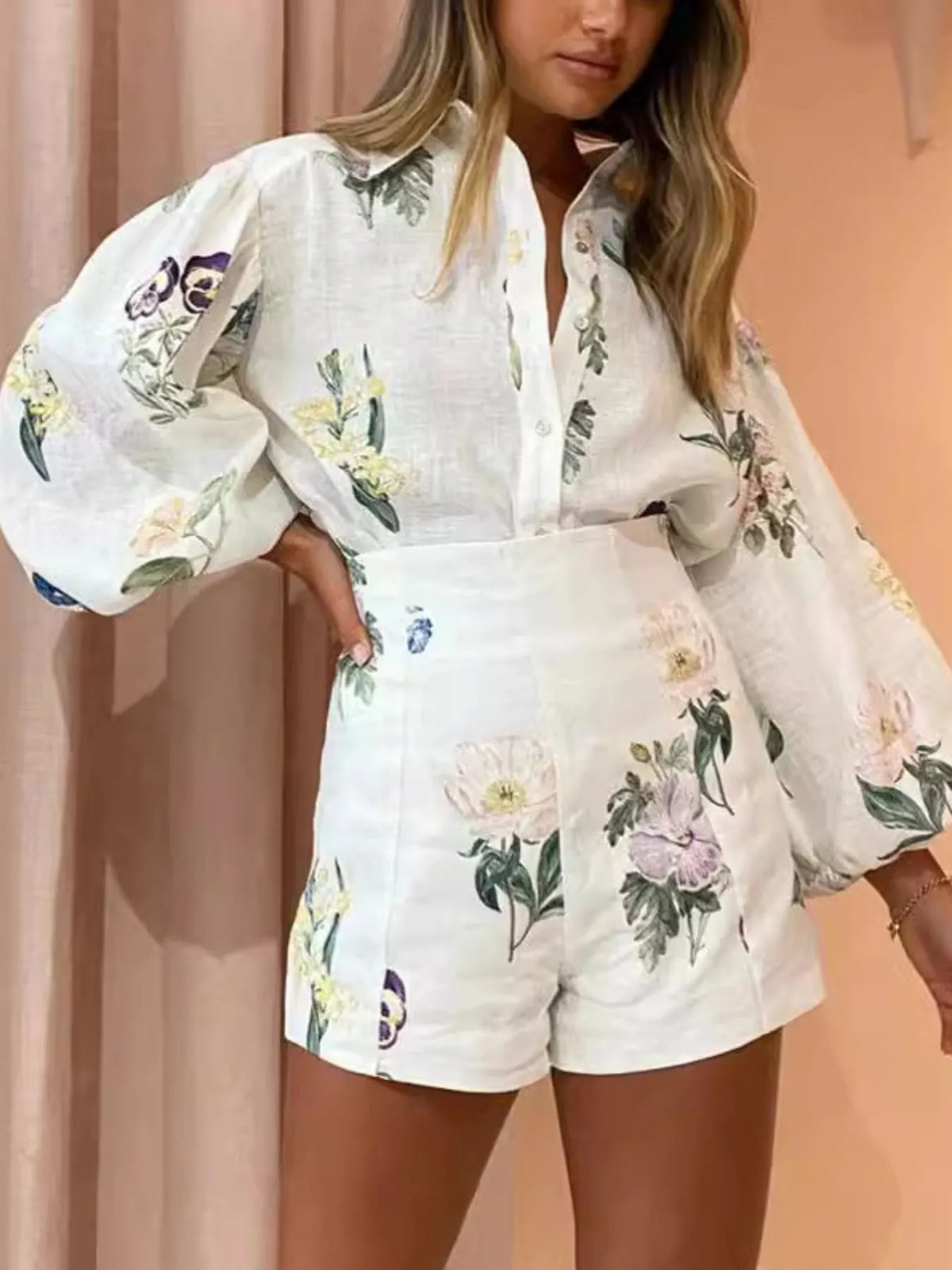 Printed Balloon Sleeve Top and Shorts Set Beige OutfitFlow