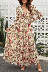 Floral Frill Trim Flounce Sleeve Plunge Maxi Dress Sand OutfitFlow