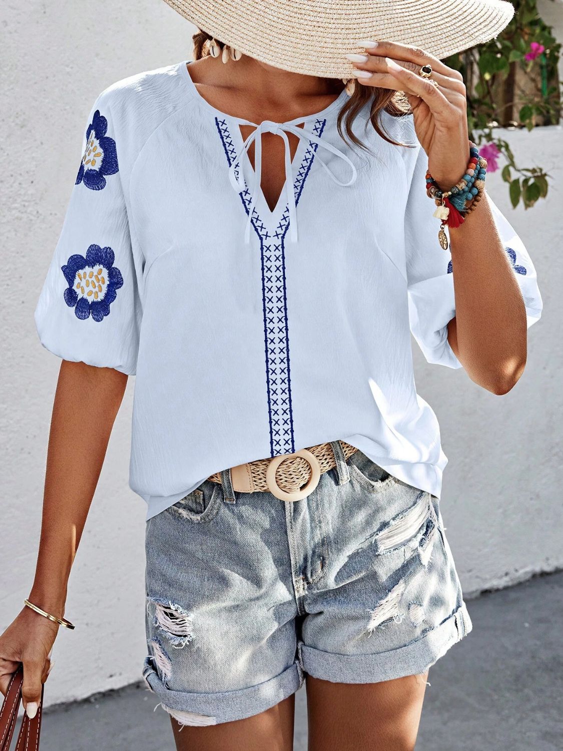 Embroidered Tie Neck Puff Sleeve Blouse OutfitFlow