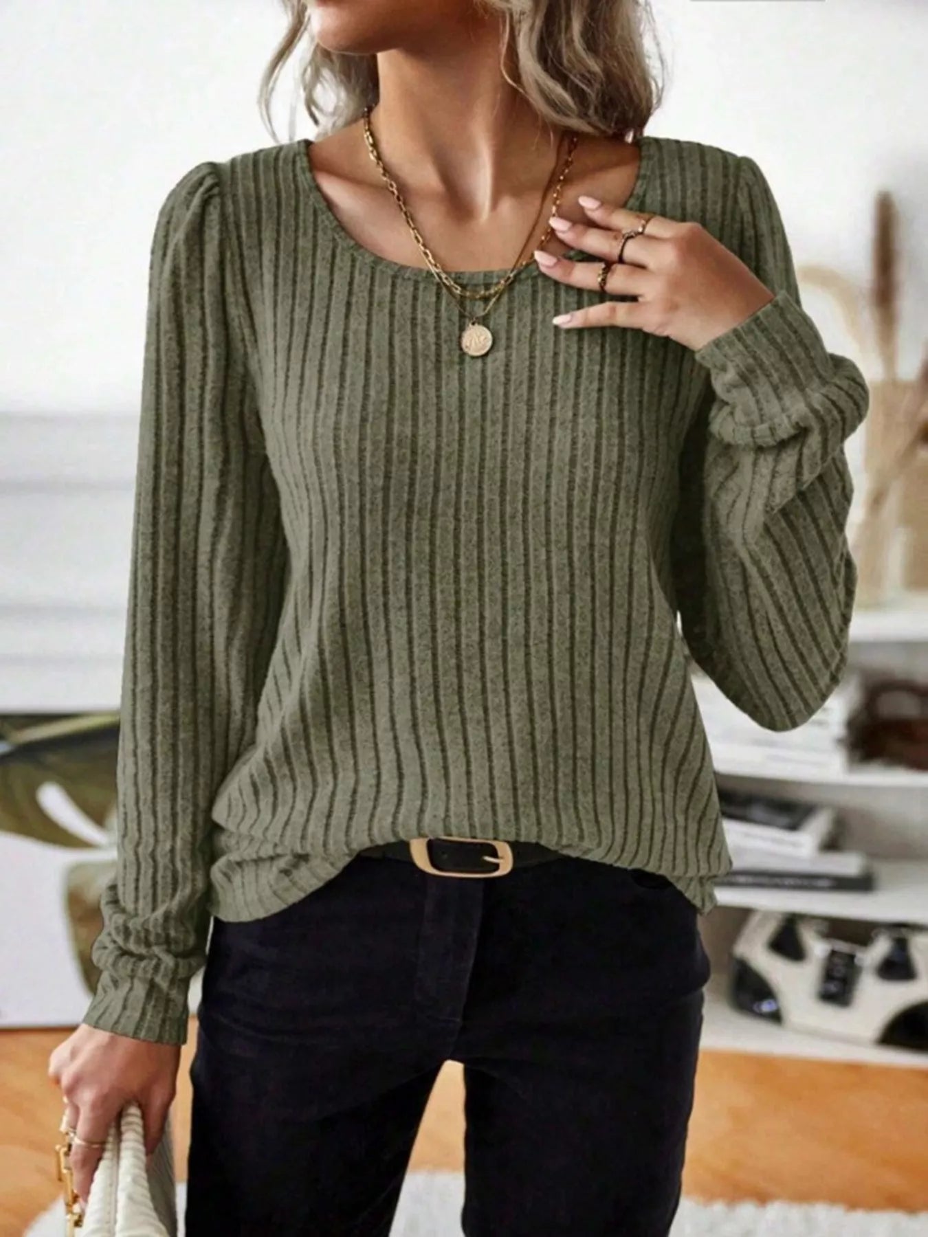 Ribbed Knit Long Sleeve T-Shirt Green OutfitFlow