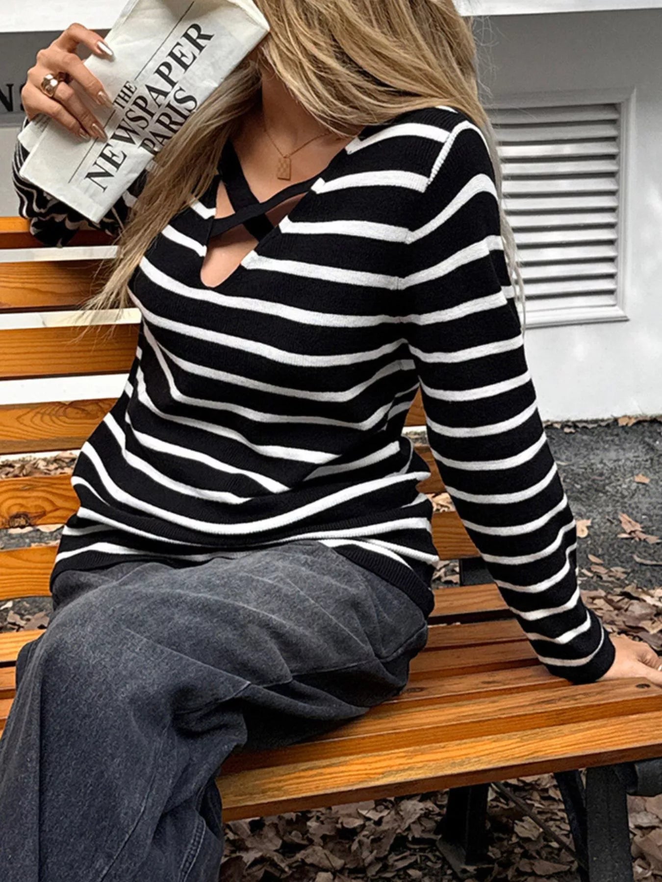 Striped Cross Front Long Sleeve Knit Top OutfitFlow