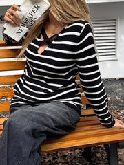 Striped Cross Front Long Sleeve Knit Top OutfitFlow