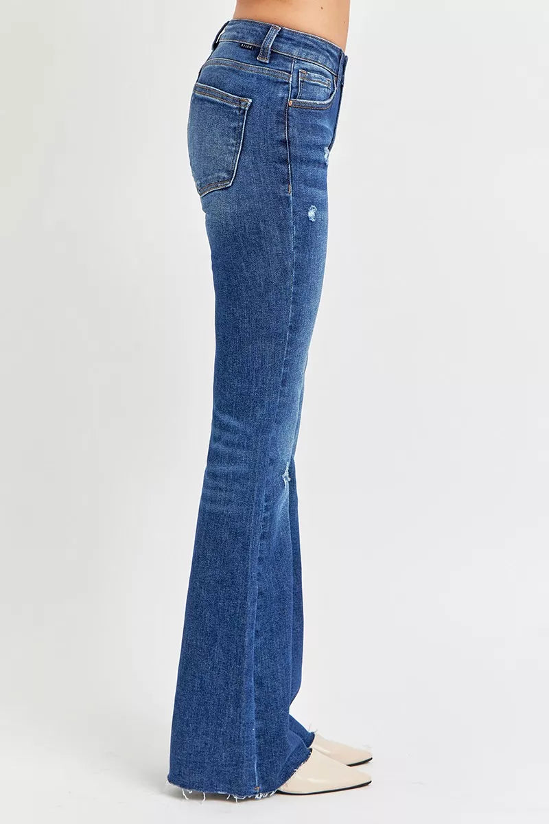 RISEN Full Size Distressed Mid Rise Flare Jeans Plus Size OutfitFlow