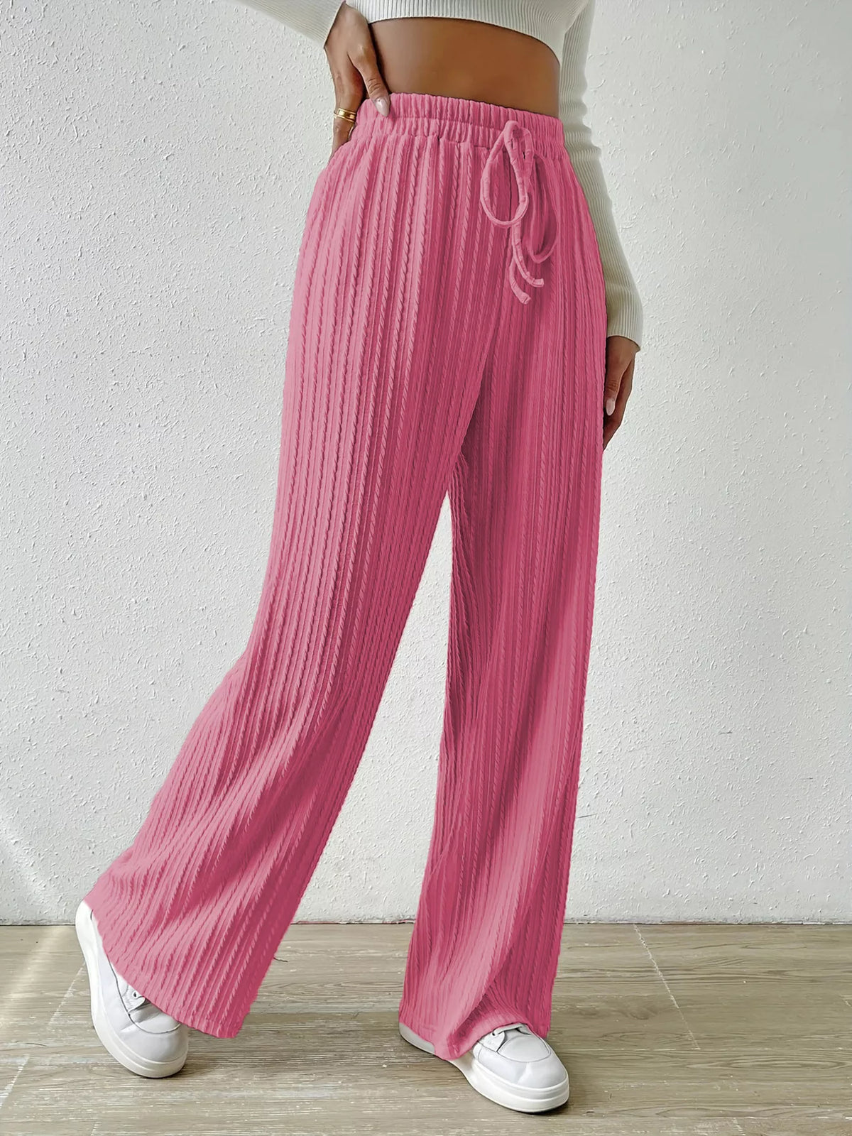 Drawstring Wide Leg Pants Pink OutfitFlow