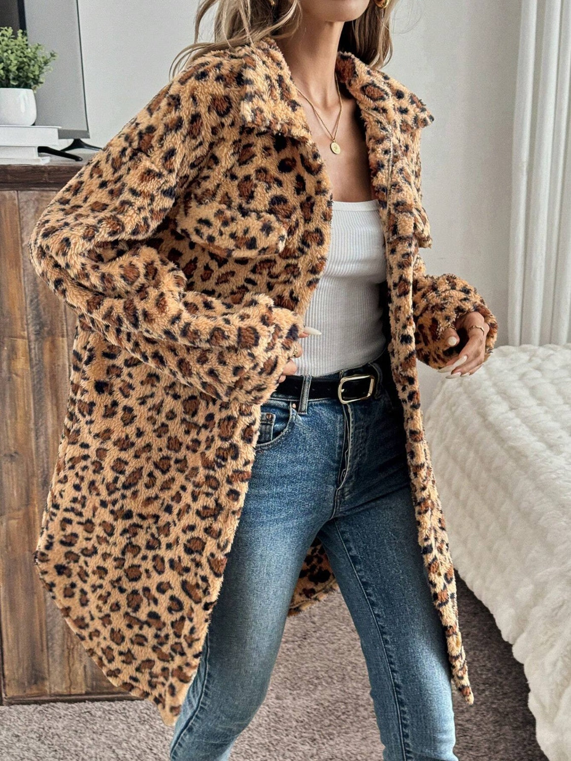 Outfit Flow - Leopard Button Up Long Sleeve Fuzzy Coat