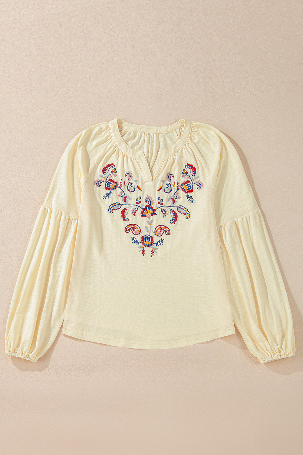 Outfit Flow - Embroidered Notched Long Sleeve Blouse