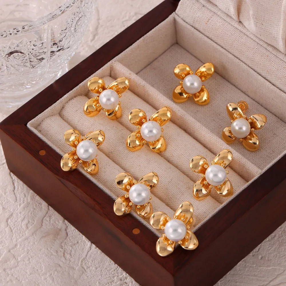 Synthetic Pearl Titanium Steel Flower Earrings OutfitFlow