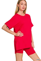 Zenana Full Size Brushed Dty Microfiber Round Neck Top and Biker Shorts Set Plus Size Trendsi