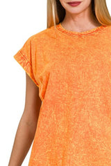 Zenana Crinkle Washed Round Neck Folded Short Sleeve Tee OutfitFlow