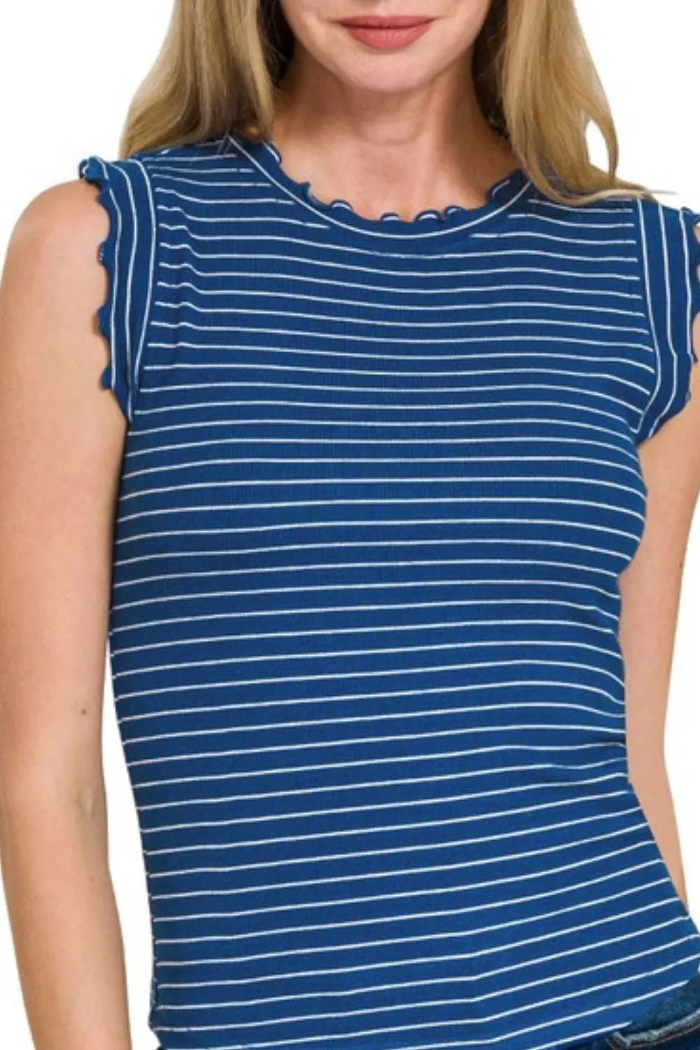 Zenana Ribbed Ruffle Trim Sleeveless Stripe Top OutfitFlow