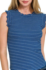 Zenana Ribbed Ruffle Trim Sleeveless Stripe Top OutfitFlow